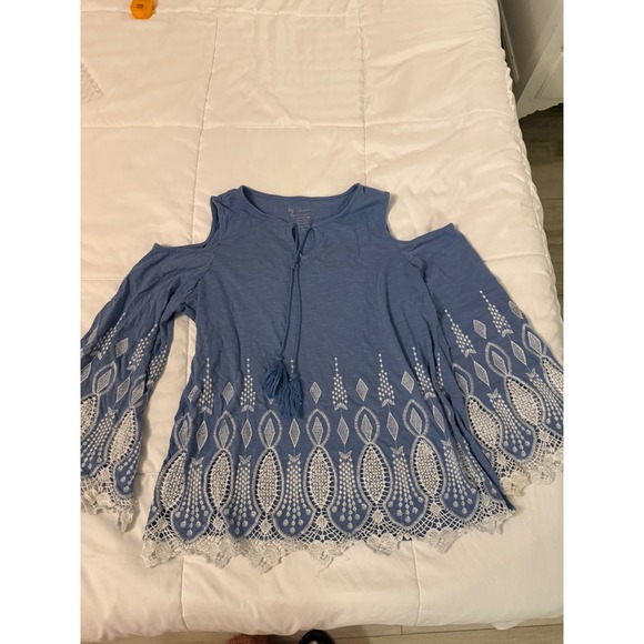 Chico's Tops - Chicos Blue Lace Trim Cold Shoulder Bell Sleeve Boho Embroidered Top Size 2 L